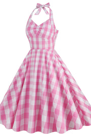 Halter Pink Plaid Gingham Swing Dress
