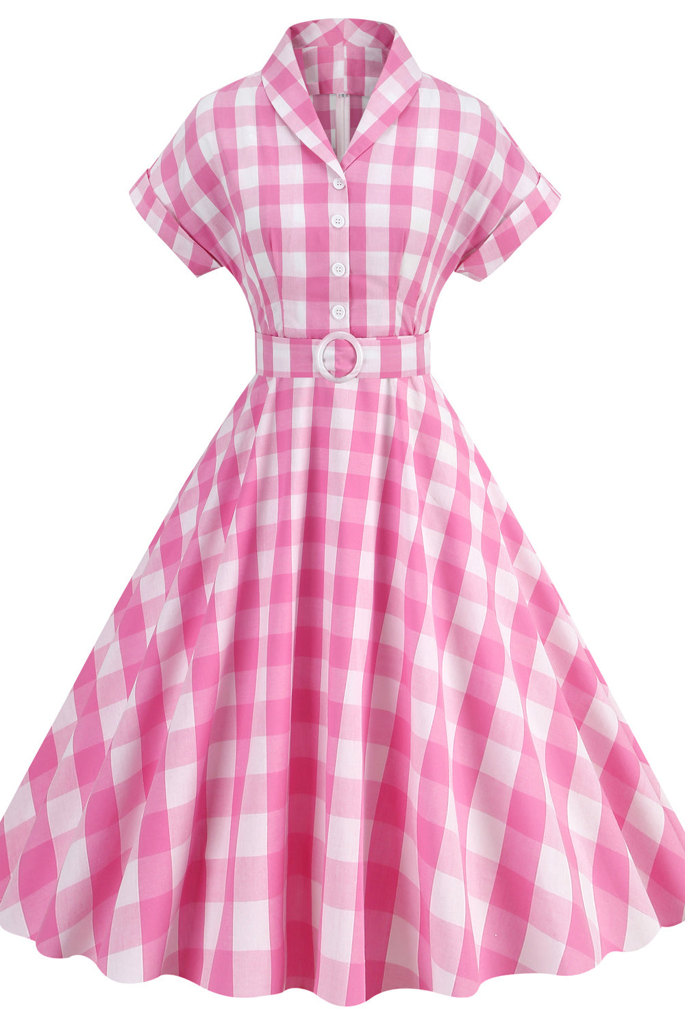 Notched Collar Pink Plaid Gingham Swing Dress