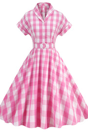 Notched Collar Pink Plaid Gingham Swing Dress