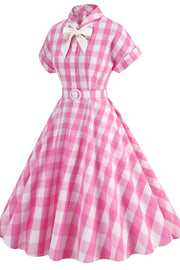 Notched Collar Pink Plaid Gingham Swing Dress