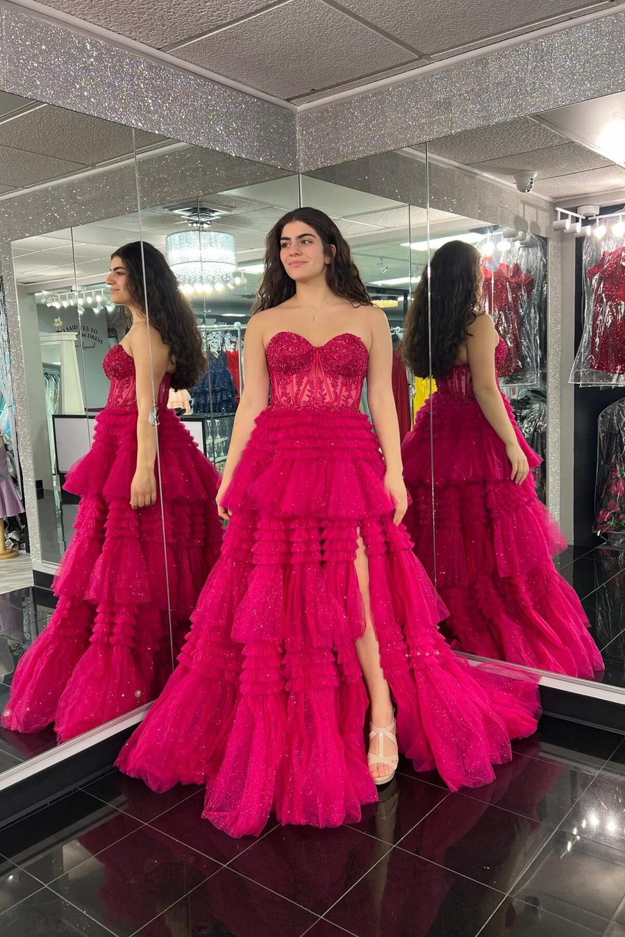 Sweetheart Black Lace Appliques Tiered Long Formal Dress