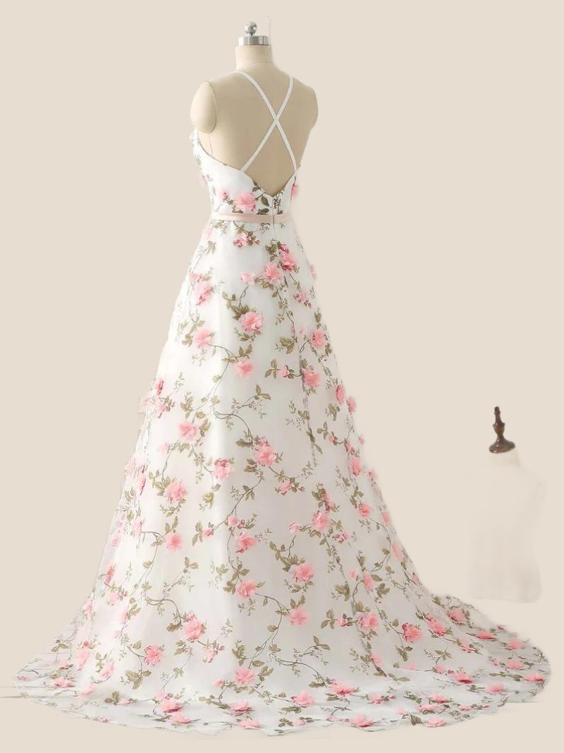 White Straps 3D Floral A-line Long Prom Dress