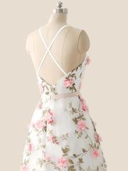White Straps 3D Floral A-line Long Prom Dress