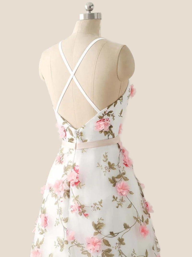White Straps 3D Floral A-line Long Prom Dress