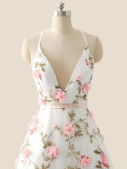 White Straps 3D Floral A-line Long Prom Dress