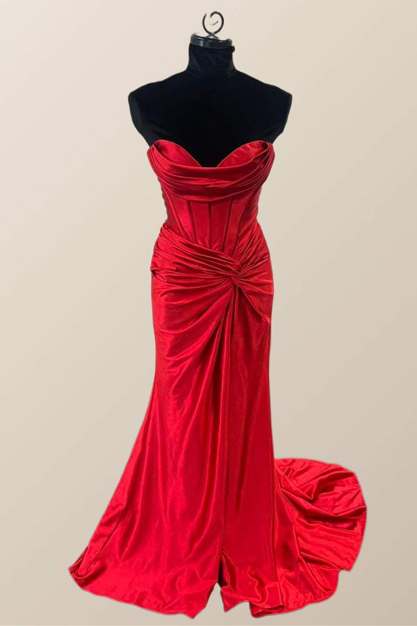 Simple red satin long prom dress,mermaid slim-fit evening dress main image 1