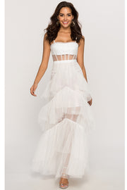 Straps White Tulle Ruffled Long Maxi Dress