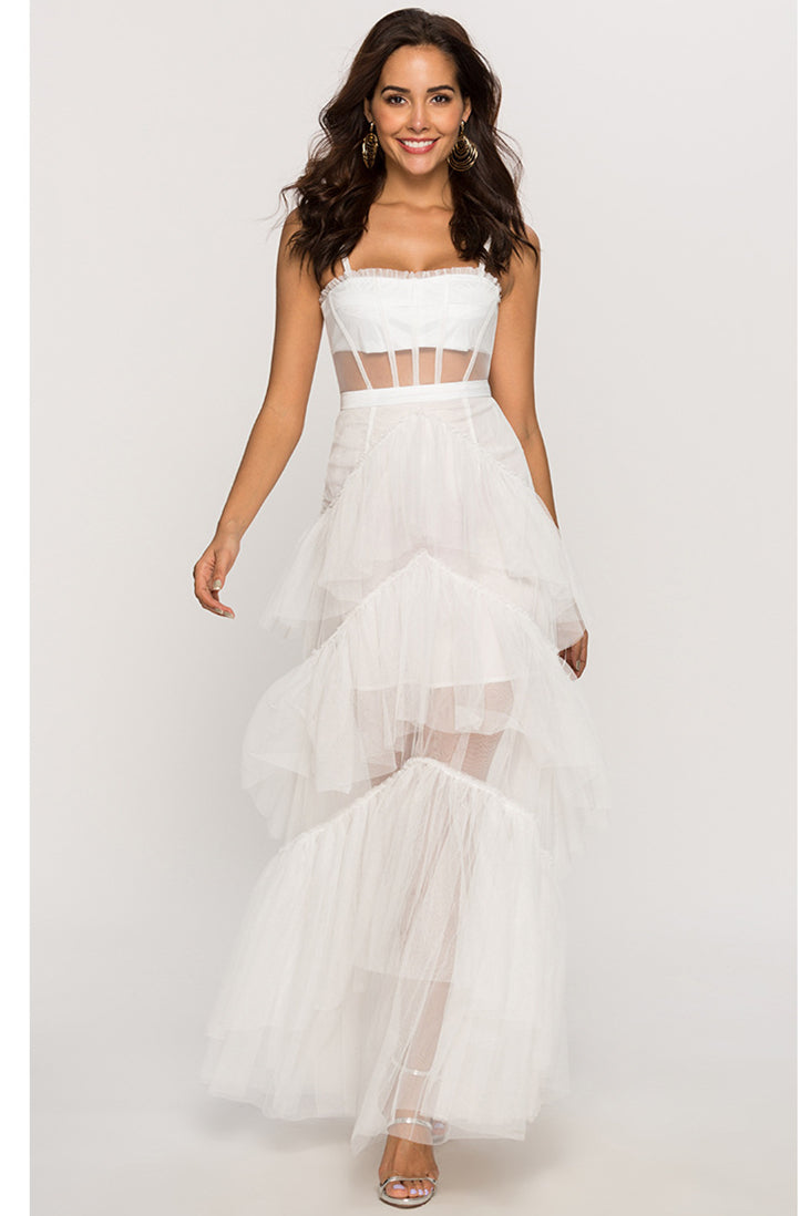 Straps White Tulle Ruffled Long Maxi Dress