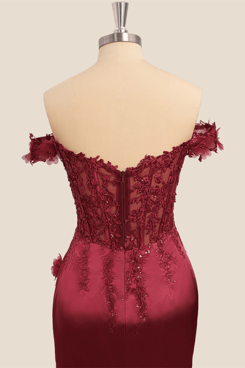Lace Off the Shoulder Wine Red Satin Mermaid Dress