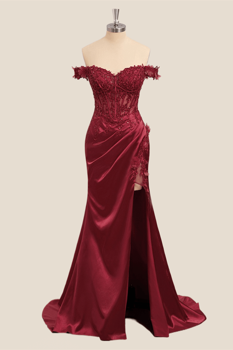Lace Off the Shoulder Wine Red Satin Mermaid Dress – Ohmollydress