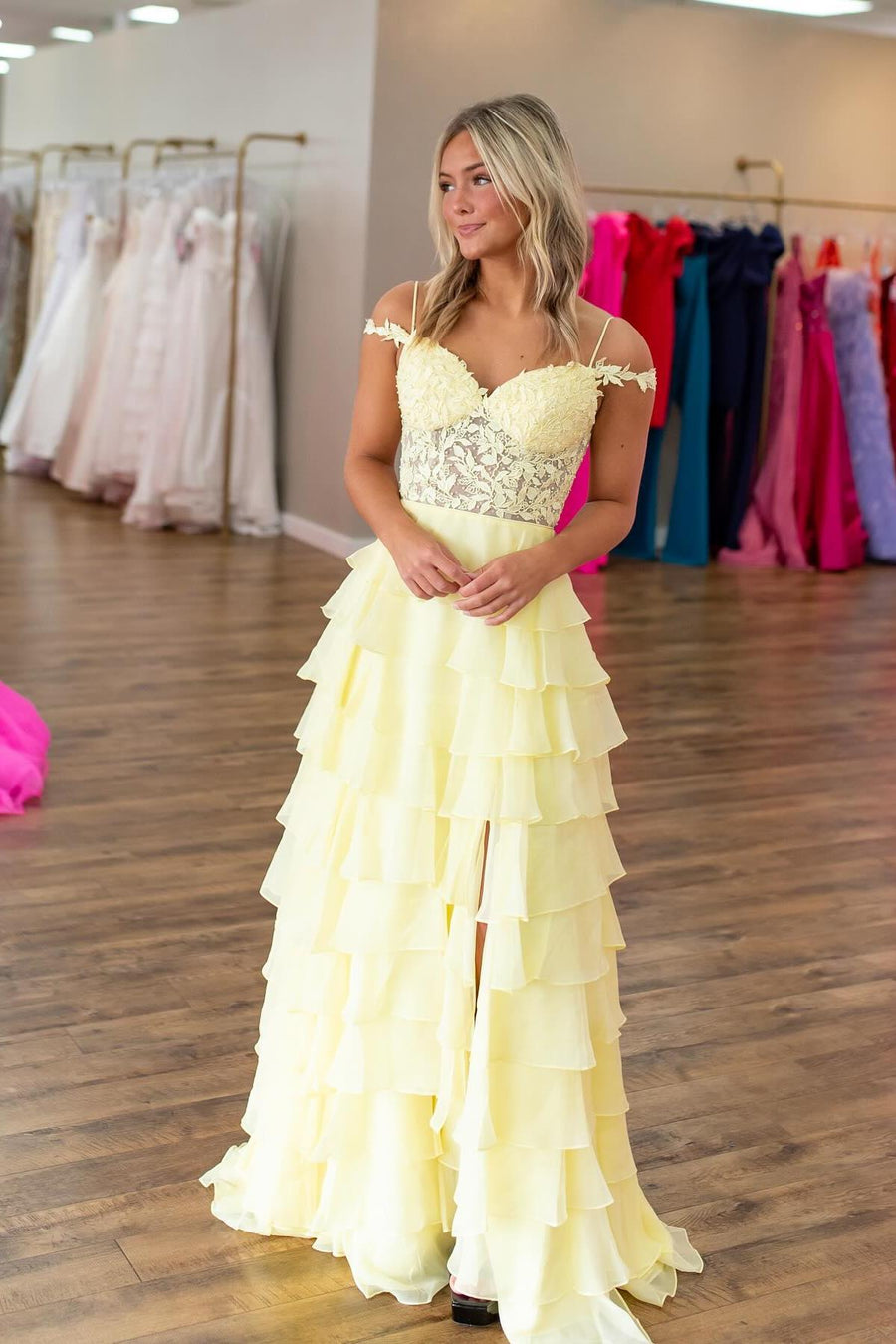 Straps Orange Appliques and Chiffon Ruffle Formal Dress