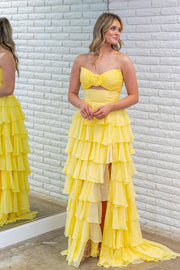 Strapless Hot Pink Rosette Tiered Long Dress