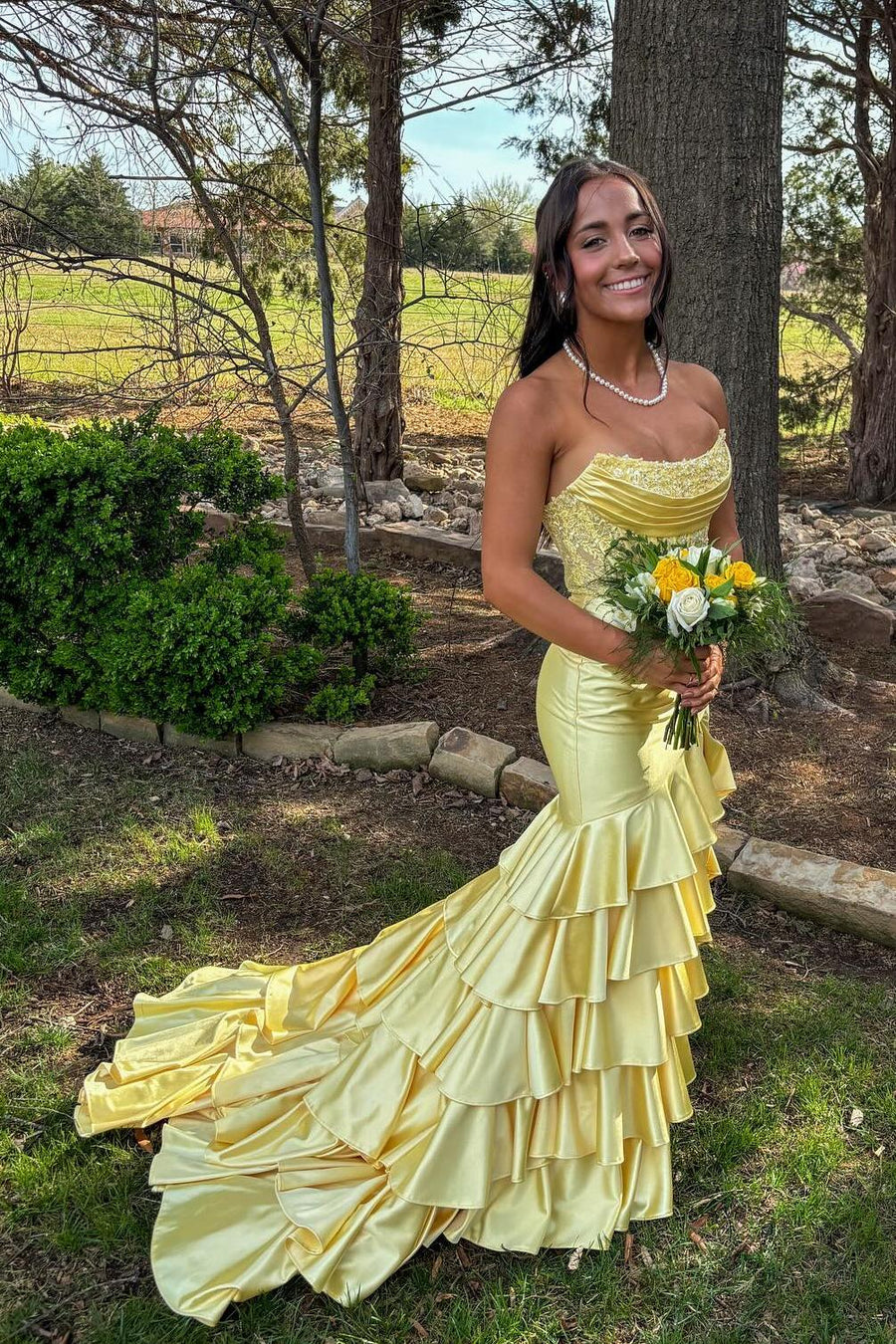 Strapless Lavender Appliques Satin Mermaid Ruffle Dress