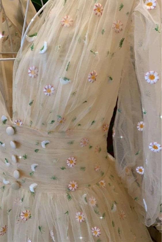 Blue and Yellow Daisy Floral Tea Length Dress