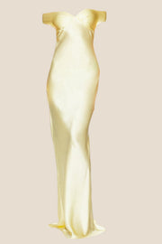 Off the Shoulder Yellow Soft Satin Fitted Dress