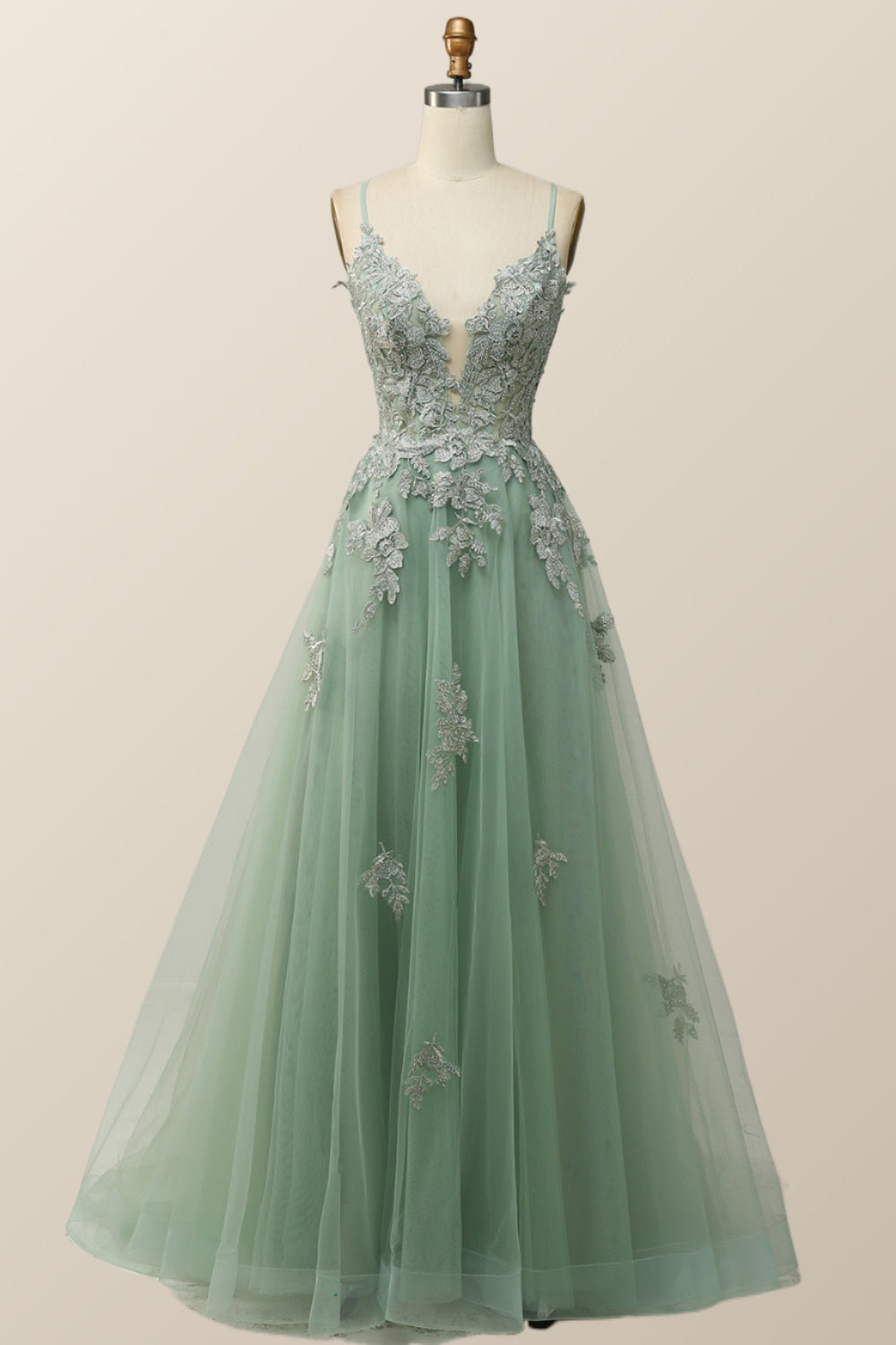 Sage Green V Neck Appliques Long Formal Dress