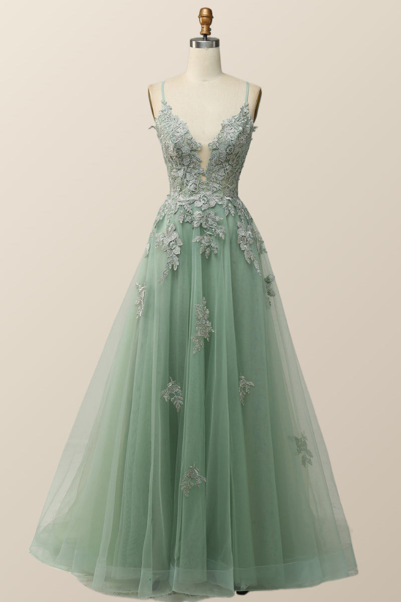 formal dresses sage Green V Neck Appliques Long Dress – Ohmollydress A line strong satin bogo-eligible Primary color:Gold Whether you are dressing