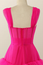 Hot Pink Corset Tiered Layers Long Dress