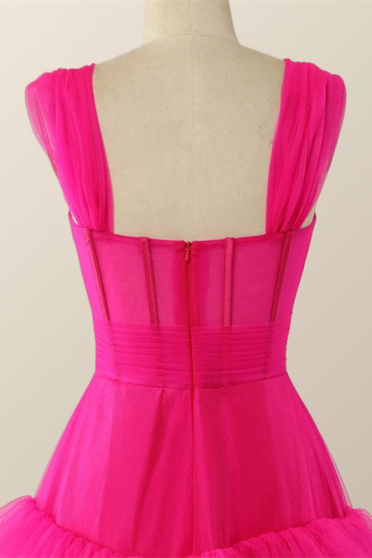 Hot Pink Corset Tiered Layers Long Dress
