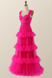 Hot Pink Corset Tiered Layers Long Dress
