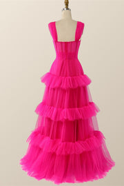 Hot Pink Corset Tiered Layers Long Dress