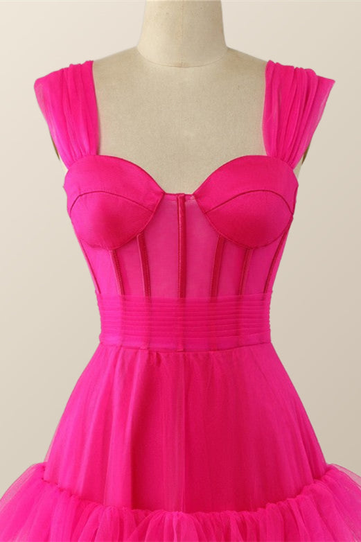 Hot Pink Corset Tiered Layers Long Dress