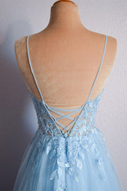 Straps Blue Lace Appliques A-line Long Formal Dress