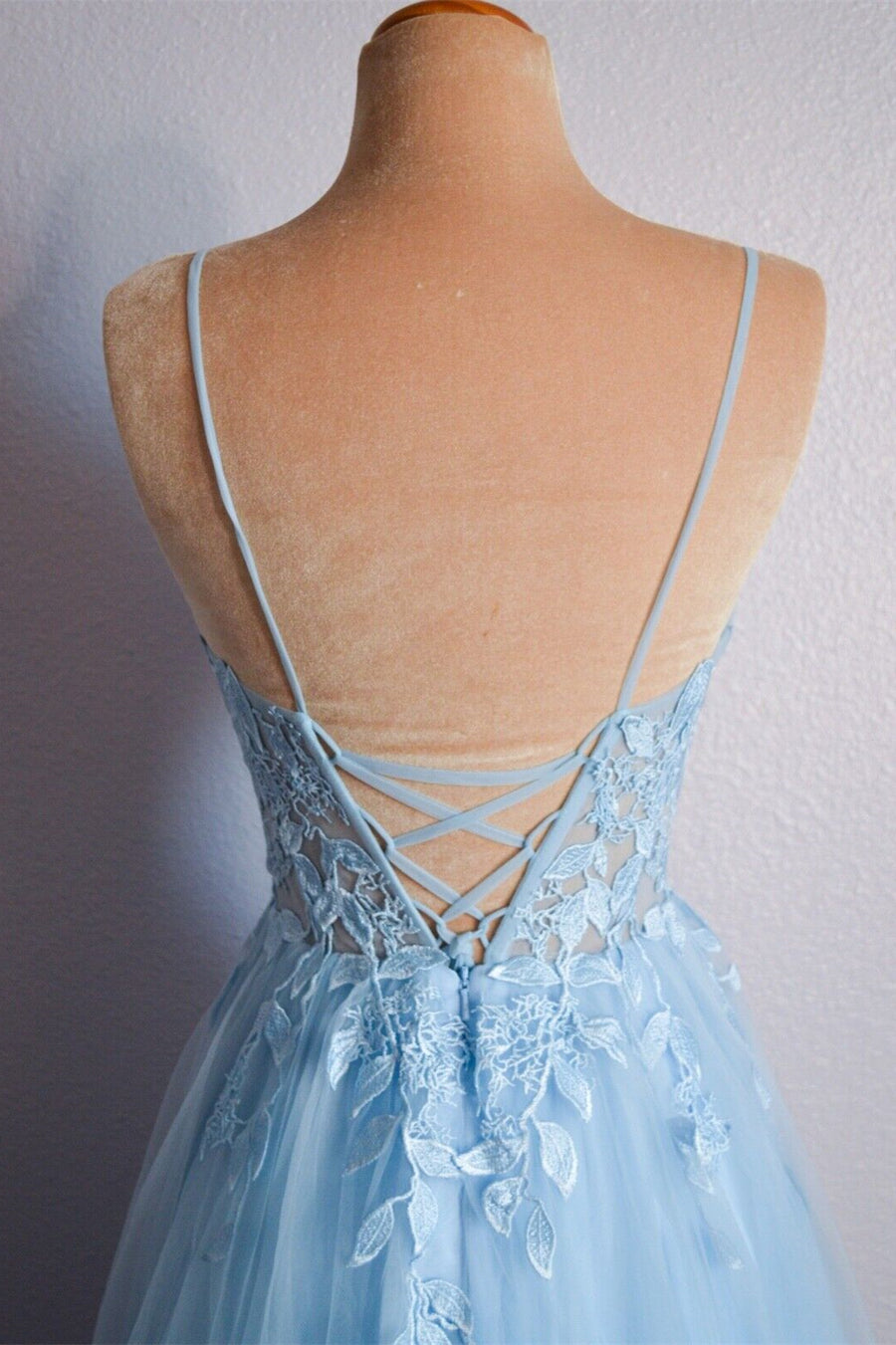 Straps Blue Lace Appliques A-line Long Formal Dress