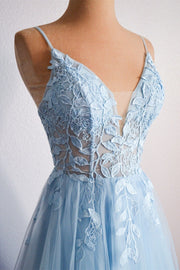 Straps Blue Lace Appliques A-line Long Formal Dress