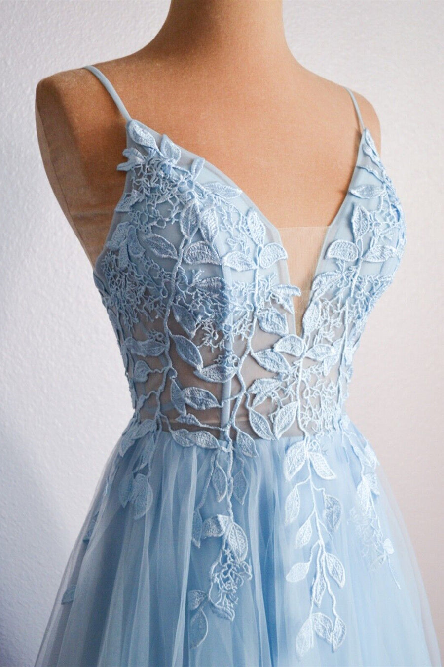 Straps Blue Lace Appliques A-line Long Formal Dress