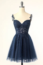 Navy Blue A-line Lace Appliques Short Homecoming Dress