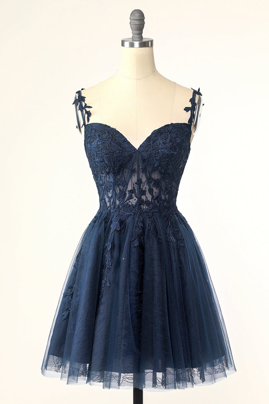 Navy Blue A-line Lace Appliques Short Homecoming Dress