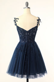 Navy Blue A-line Lace Appliques Short Homecoming Dress