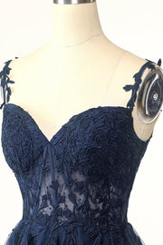 Navy Blue A-line Lace Appliques Short Homecoming Dress
