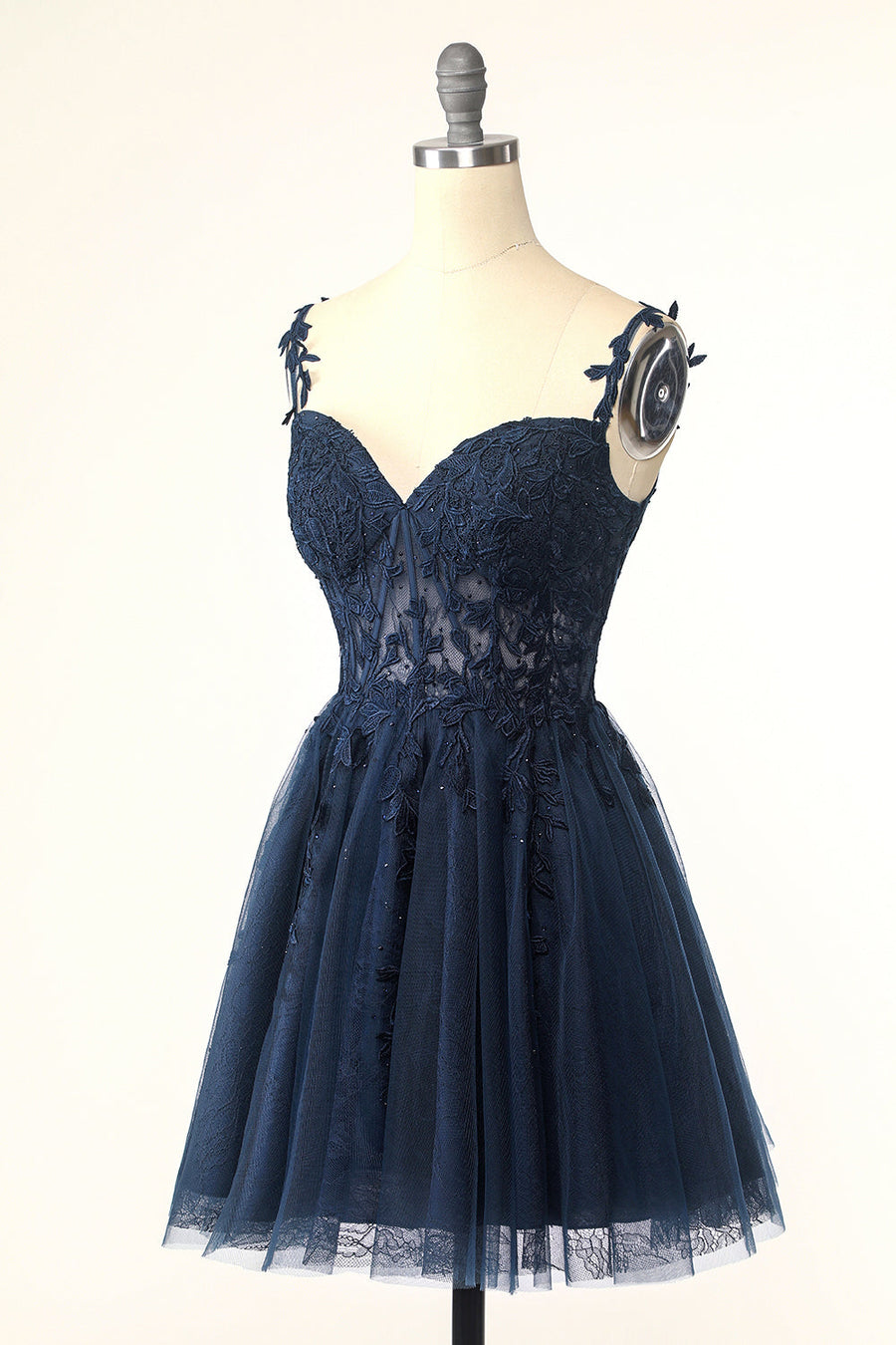 Navy Blue A-line Lace Appliques Short Homecoming Dress