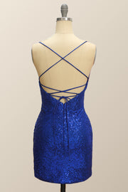 Straps Royal Blue Sequin Tight Mini Dress