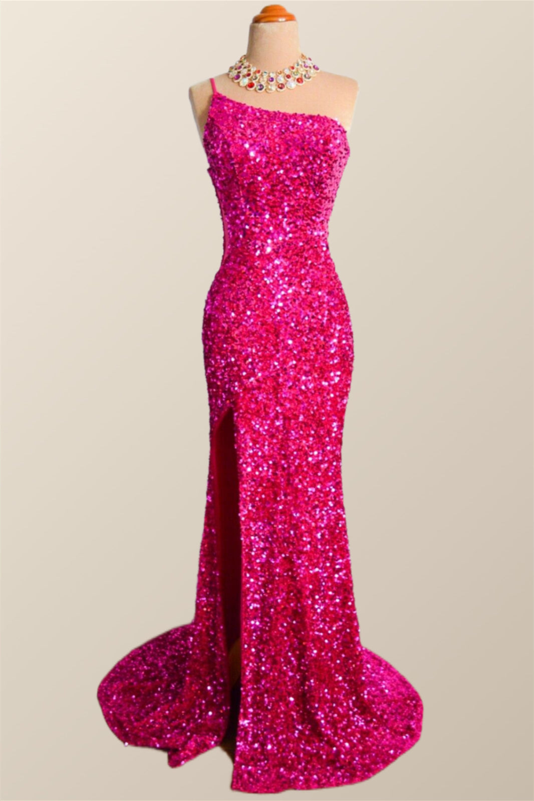 One Shoulder Fuchsia Sequin Mermaid Long Party Dress