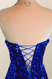 Strapless Royal Blue Velvet Sequin Mermaid Party Dress