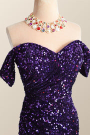 Off the Shoulder Purple Velvet Sequin Mermaid Party Dress