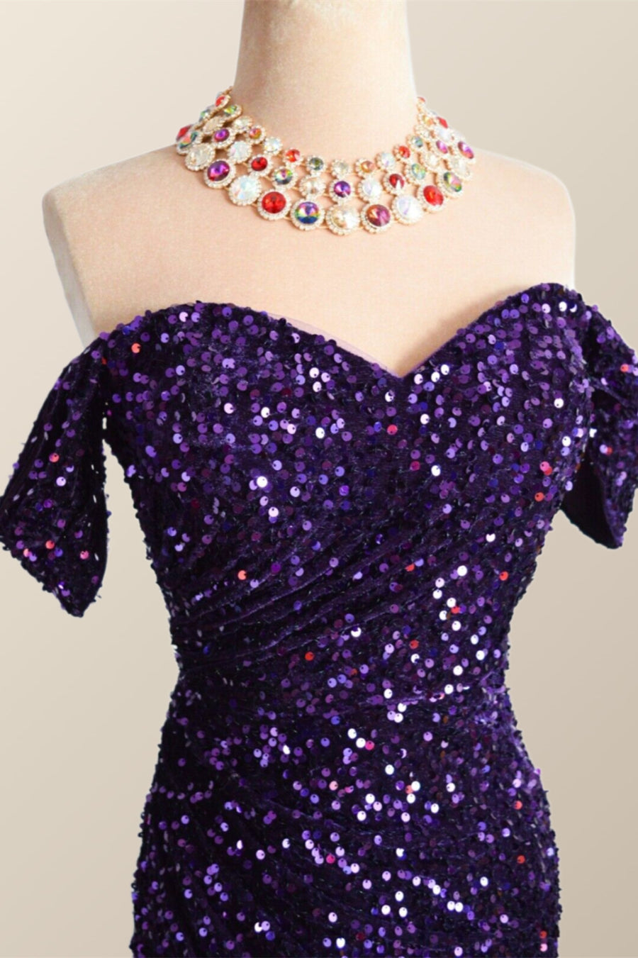 Off the Shoulder Purple Velvet Sequin Mermaid Party Dress