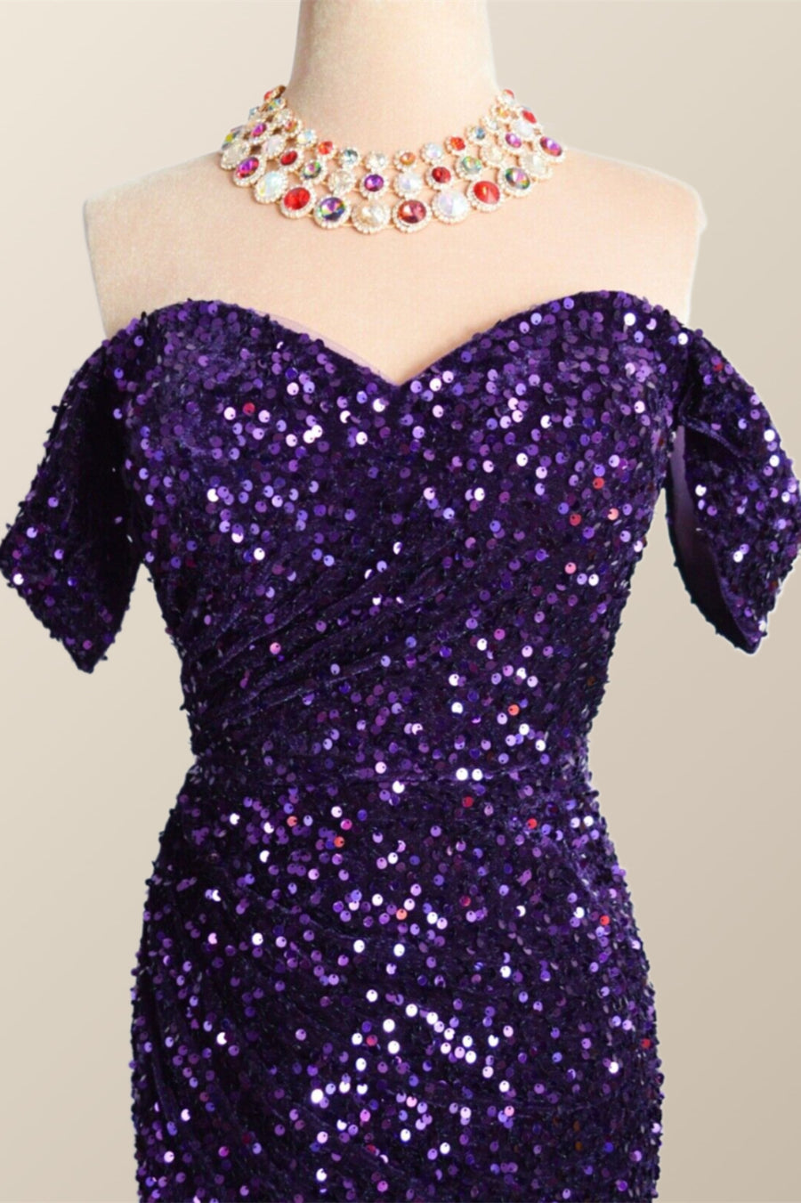 Off the Shoulder Purple Velvet Sequin Mermaid Party Dress