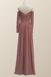 Dusty Rose Lace Long Sleeves Long Bridesmaid Dress