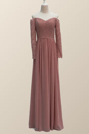 Dusty Rose Lace Long Sleeves Long Bridesmaid Dress