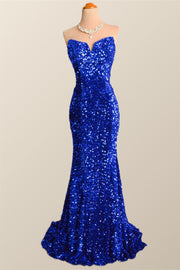 Strapless Royal Blue Velvet Sequin Mermaid Party Dress