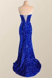 Strapless Royal Blue Velvet Sequin Mermaid Party Dress