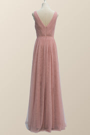 V Neck Plush Pink Tulle Long Bridesmaid Dress