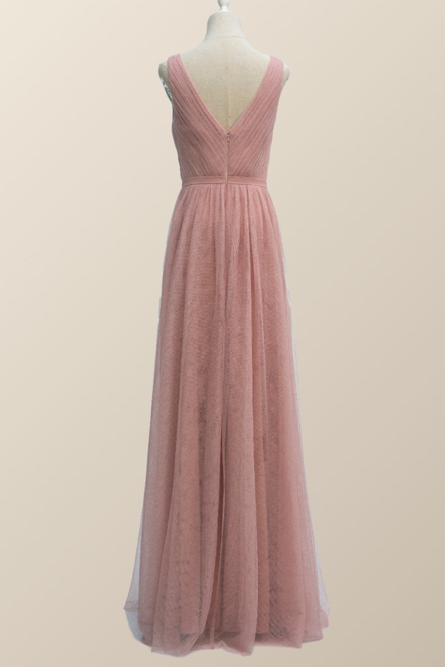 V Neck Plush Pink Tulle Long Bridesmaid Dress