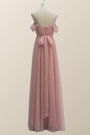 Empire Blush Pink Tulle A-line Long Bridesmaid Dress
