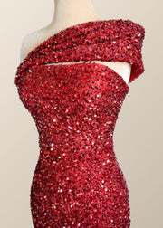One Shoulder Wine Red Sequin Mermaid Party Dress