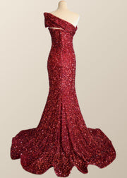 One Shoulder Wine Red Sequin Mermaid Party Dress